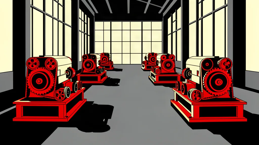 La halle en enfilade : quatre machines, courroies et verrières au fond