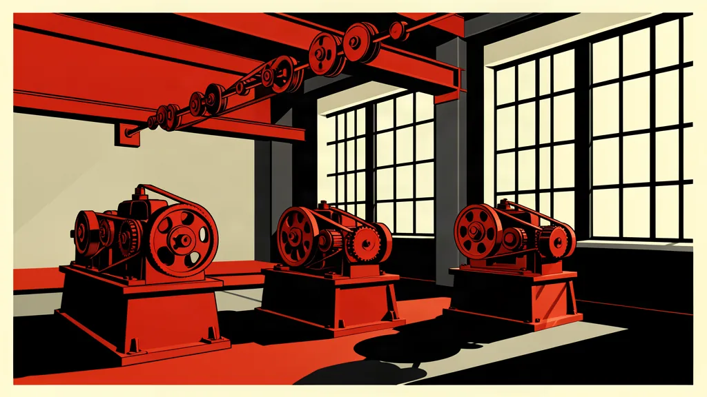 Halle de machines : trois machines à courroie, arbre de transmission au plafond, verrières